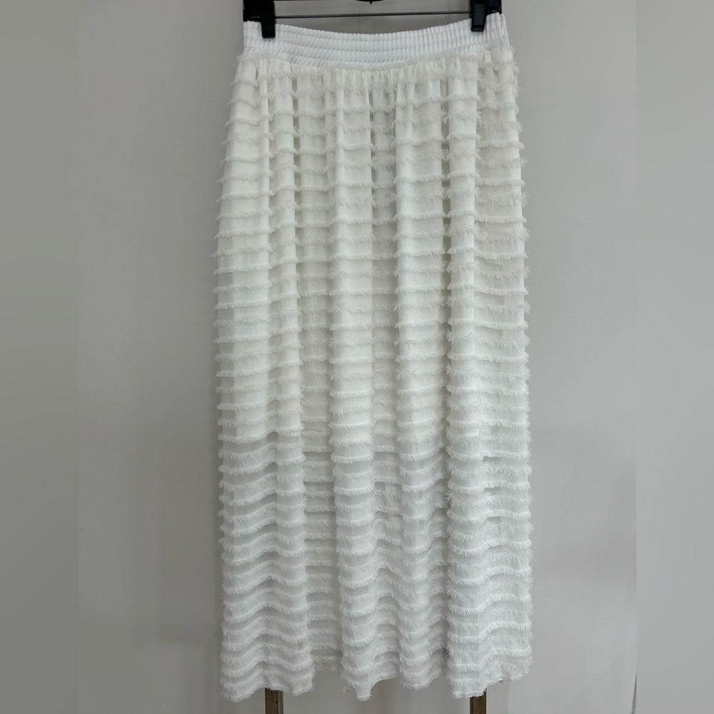 Jijil Italian White Textured Fringe Tiered Maxi Skirt Pockets Size M - L NWT